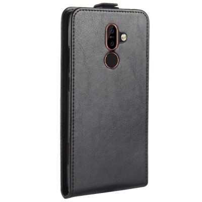 Nokia 7 Plus klasisks ādas vertikāli atvēramais melns maciņš / Vacins.lv