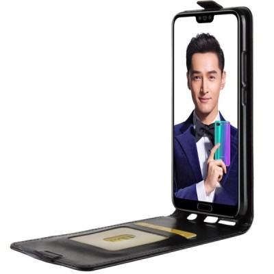 Huawei Honor 10 klasisks ādas vertikāli atvēramais melns maciņš / Vacins.lv
