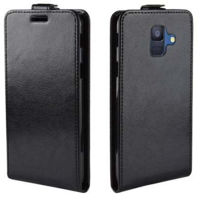 Samsung Galaxy A6 2018 (A600F) vertikāli atvēramais ādas melns maciņš (maks) / Vacins.lv