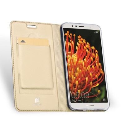 „Dux Ducis“ Skin serijos Huawei Y6 2018 (Honor 7A) auksinis odinis atverčiamas dėklas / Priedai.lt