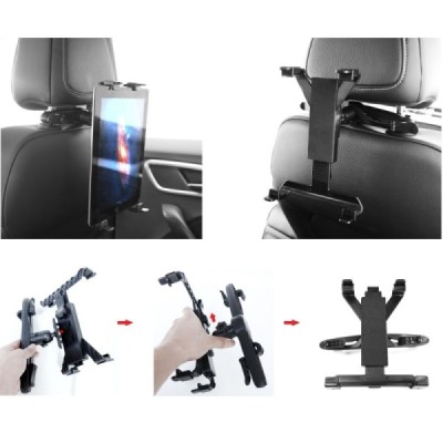 Juodas automobilinis planšetės laikiklis tvirtinamas prie galvos atlošo / Priedai.lt