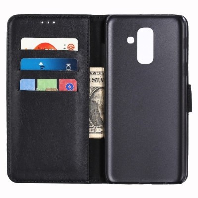 Samsung Galaxy A6+ 2018 (A605F) atverčiamas juodas odinis retro dėklas - piniginė / Priedai.lt