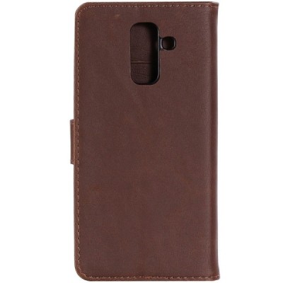 Samsung Galaxy A6+ 2018 (A605F) atverčiamas tamsiai rudas odinis retro dėklas - piniginė / Priedai.lt