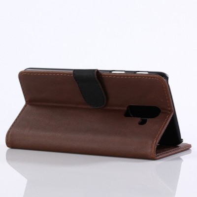 Samsung Galaxy A6+ 2018 (A605F) atverčiamas tamsiai rudas odinis retro dėklas - piniginė / Priedai.lt