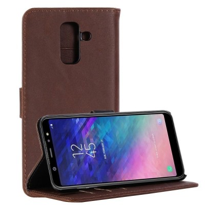 Samsung Galaxy A6+ 2018 (A605F) atverčiamas tamsiai rudas odinis retro dėklas - piniginė / Priedai.lt