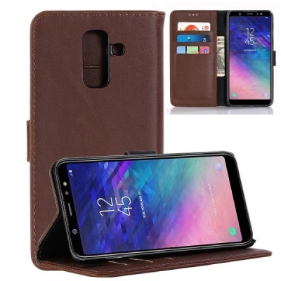 Samsung Galaxy A6+ 2018 (A605F) atverčiamas tamsiai rudas odinis retro dėklas - piniginė / Priedai.lt