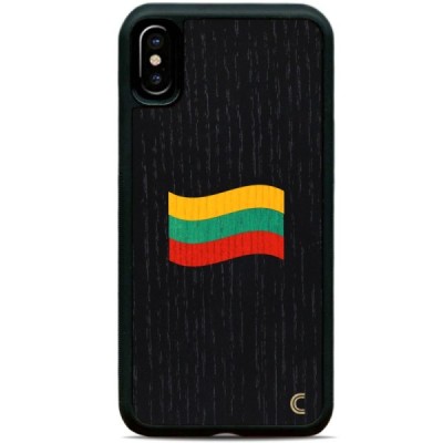 Apple iPhone X (iPhone Xs) „Crafted Cover“ melns Lietuvas karogs dabīga koka telefona apvalks / Vacins.lv