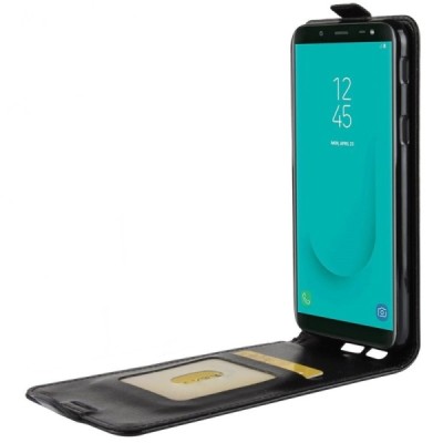 Samsung Galaxy J6 2018 (J600) klasisks ādas vertikāli atvēramais melns maciņš / Vacins.lv