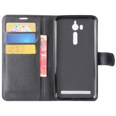 Asus Zenfone Go (ZB552KL) atvēramais melns ādas „Litchi“ futrālis - maciņš / Vacins.lv