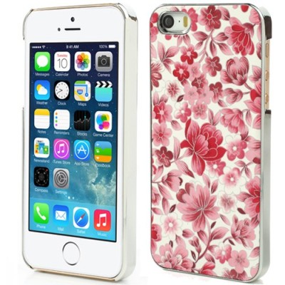 Raudonas, vasariškas plastikinis Apple iPhone SE (5, 5s) dėklas išmargintas gėlėmis / Priedai.lt