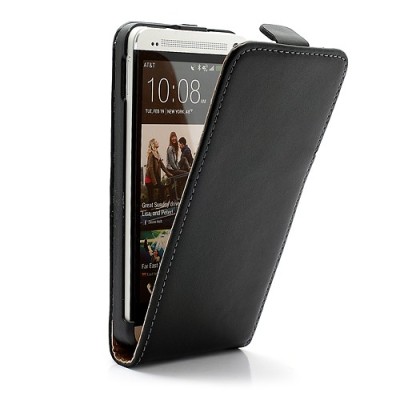 HTC One M7 klasisks ādas vertikāli atvēramais melns futrālis / Vacins.lv