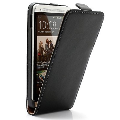 HTC One M7 klasisks ādas vertikāli atvēramais melns futrālis / Vacins.lv
