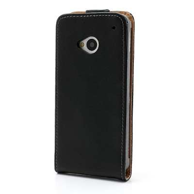 HTC One M7 klasisks ādas vertikāli atvēramais melns futrālis / Vacins.lv