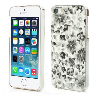 Juodas, vasariškas plastikinis Apple iPhone SE (5, 5s) dėklas išmargintas gėlėmis / Priedai.lt