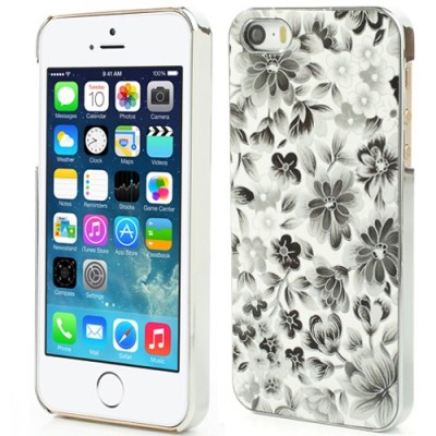 Juodas, vasariškas plastikinis Apple iPhone SE (5, 5s) dėklas išmargintas gėlėmis / Priedai.lt