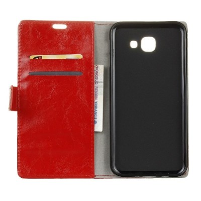 Samsung Galaxy J4+ atvēramais ādas sarkans maciņš (maks) / Vacins.lv