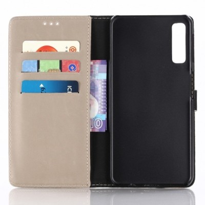 Samsung Galaxy A7 2018 atverčiamas smėlio spalvos odinis retro dėklas - piniginė / Priedai.lt