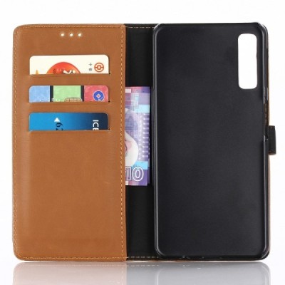 Samsung Galaxy A7 2018 atvēramais ādas gaiši brūns retro maciņš (maks) / Vacins.lv