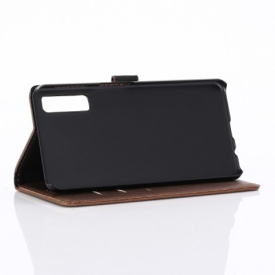 Samsung Galaxy A7 2018 atverčiamas tamsiai rudos spalvos odinis retro dėklas - piniginė / Priedai.lt