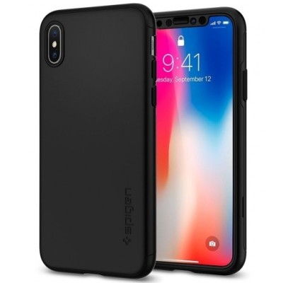 „Spigen“ Thin Fit 360 plastikinis Apple iPhone X (iPhone Xs) juodas dėklas - nugarėlė + apsauginis ekrano stiklas / Priedai.lt