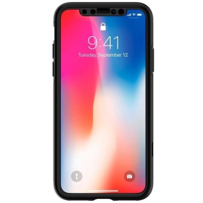 „Spigen“ Thin Fit 360 plastikinis Apple iPhone X (iPhone Xs) juodas dėklas - nugarėlė + apsauginis ekrano stiklas / Priedai.lt