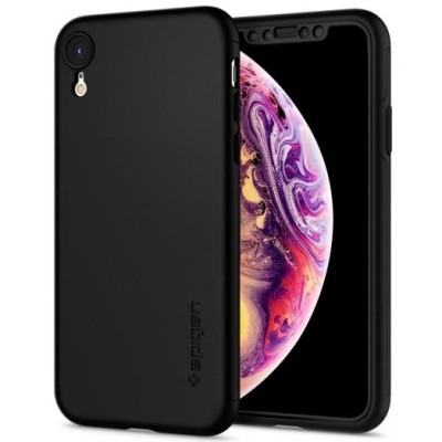 Apple iPhone Xr „Spigen“ Thin Fit 360 melns futrālis + ekrāna aizsargstikls / Vacins.lv
