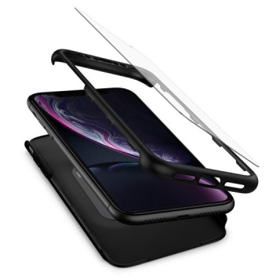 Apple iPhone Xr „Spigen“ Thin Fit 360 melns futrālis + ekrāna aizsargstikls / Vacins.lv