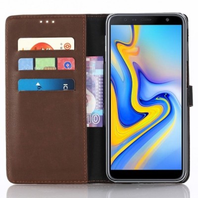 Samsung Galaxy J6+ 2018 (J610) atverčiamas tamsiai rudos spalvos odinis retro dėklas - piniginė / Priedai.lt
