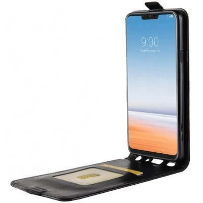 LG G7 ThinQ klasisks ādas vertikāli atvēramais melns maciņš / Vacins.lv