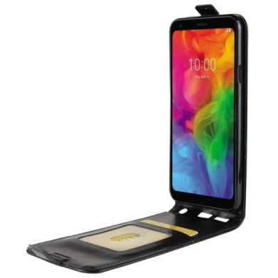 LG Q7 klasisks ādas vertikāli atvēramais melns maciņš / Vacins.lv