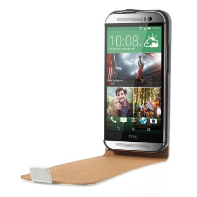 HTC One M8 klasikinis baltas odinis vertikaliai atverčiamas dėklas / Priedai.lt