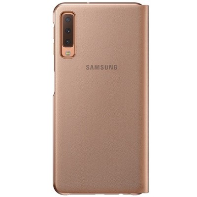 Samsung Galaxy A7 2018 (A750) originalus Wallet Cover atverčiamas auksinis odinis dėklas - piniginė / Priedai.lt
