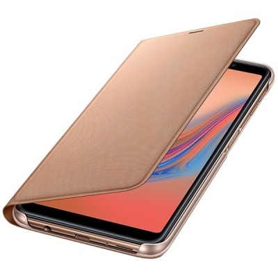 Samsung Galaxy A7 2018 (A750) originalus Wallet Cover atverčiamas auksinis odinis dėklas - piniginė / Priedai.lt