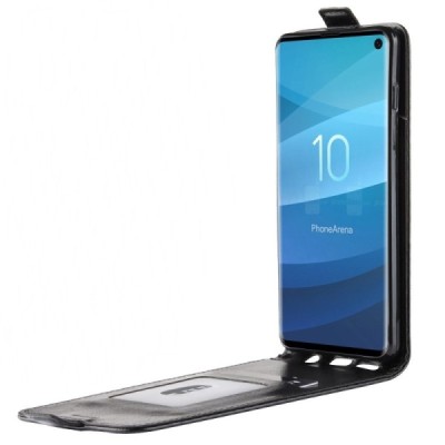 Samsung Galaxy S10 (G973) klasisks ādas vertikāli atvēramais melns maciņš / Vacins.lv
