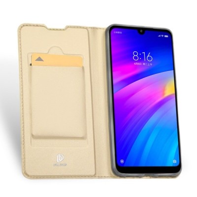 „Dux Ducis“ Skin serijos Xiaomi Redmi 7 auksinis odinis atverčiamas dėklas / Priedai.lt