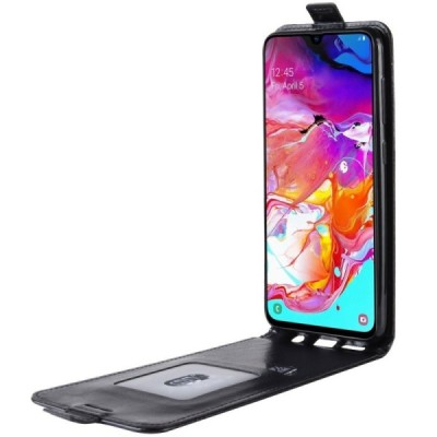 Samsung Galaxy A70 (A705F) klasikinis vertikaliai atverčiamas juodas odinis dėklas / Priedai.lt