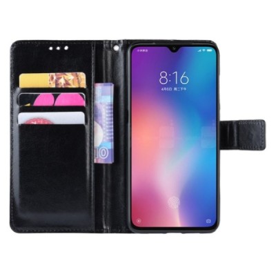 Xiaomi Mi 9 (Mi 9 Explorer) atverčiamas juodas odinis dėklas - piniginė / Priedai.lt