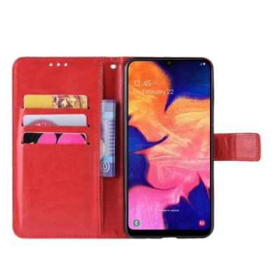 Samsung Galaxy A10 (A105F) atverčiamas raudonas odinis dėklas - piniginė / Priedai.lt