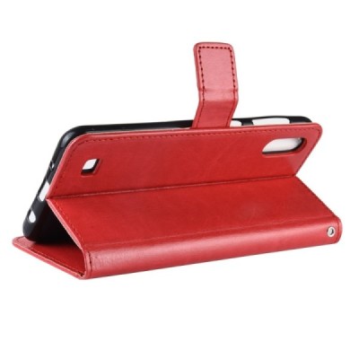Samsung Galaxy A10 (A105F) atverčiamas raudonas odinis dėklas - piniginė / Priedai.lt