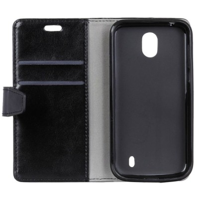 Nokia 1 atverčiamas juodas odinis dėklas, knygutė - piniginė / Priedai.lt