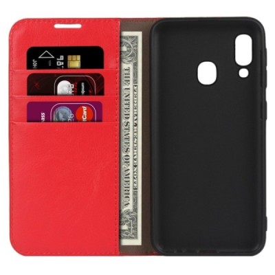 Samsung Galaxy A20e (A202F) atvēramais ādas sarkans maciņš (maks) / Vacins.lv