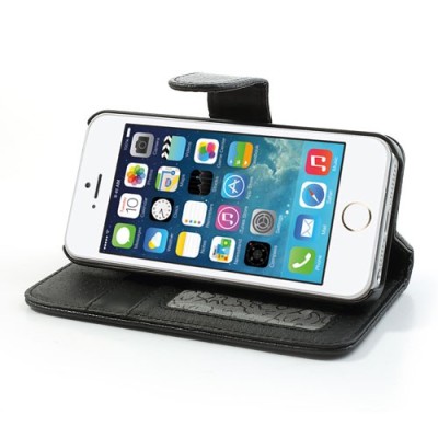 „Lychee“ atverčiamas dirbtinės odos juodas Apple iPhone SE (5, 5s) dėklas (dėkliukas) / Priedai.lt