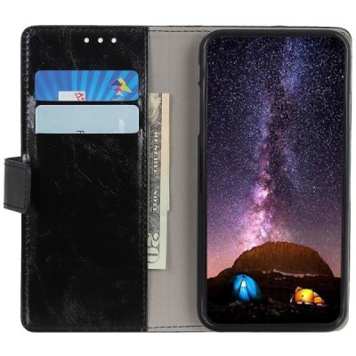 Sony Xperia 5 atverčiamas juodas odinis dėklas - piniginė / Priedai.lt