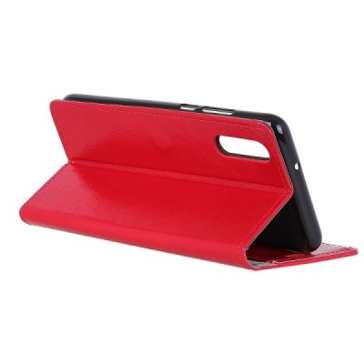 Sony Xperia 5 atverčiamas raudonas odinis dėklas - piniginė / Priedai.lt