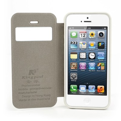 Smėlinis „Kingpad“ atverčiamas „S-View“ stiliaus Apple iPhone SE (5, 5s) dėklas (dėkliukas) / Priedai.lt