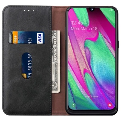 Samsung Galaxy A40 (A405F) „Deluxe“ ādas atvēramais melns maciņš (maks) / Vacins.lv