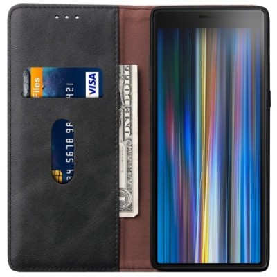 Sony Xperia 10 (XA3) „Deluxe“ ādas atvēramais melns maciņš (maks) / Vacins.lv