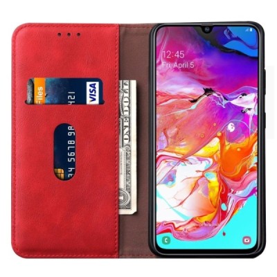 Samsung Galaxy A70 (A705F) „Deluxe“ ādas atvēramais sarkans maciņš (maks) / Vacins.lv