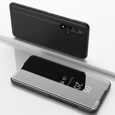 Huawei Nova 5T (Honor 20) plastmasas atvērams melns ādas maciņš / Vacins.lv