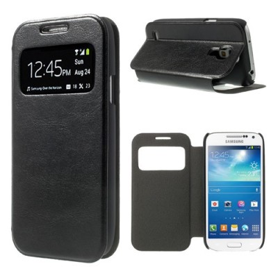 Samsung Galaxy S4 mini i9195 S View atverčiamas juodas odinis dėklas / Priedai.lt